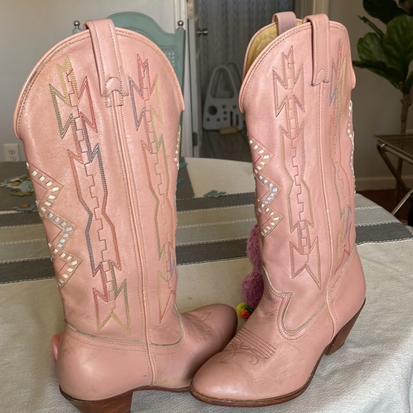 VTG Dan Post Rainbow Stitch Aztec Print Pink Leather Western Cowboy Boot Size 6 - Picture 2 of 10
